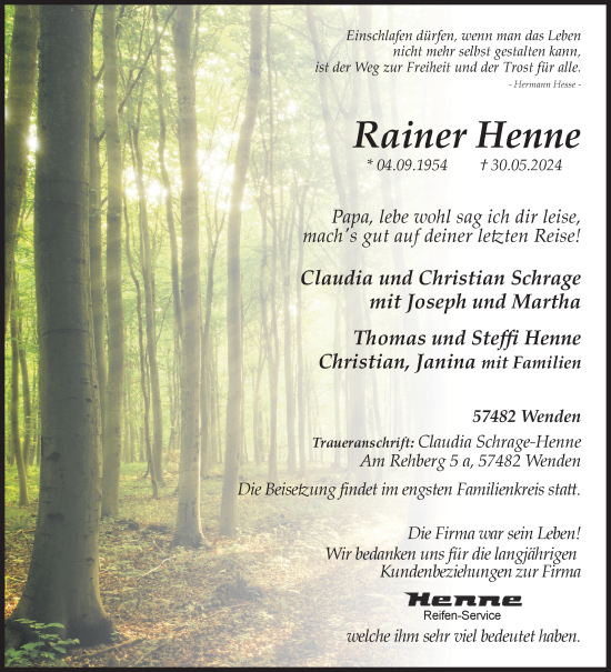 Traueranzeige von Rainer Henne von Siegener Zeitung