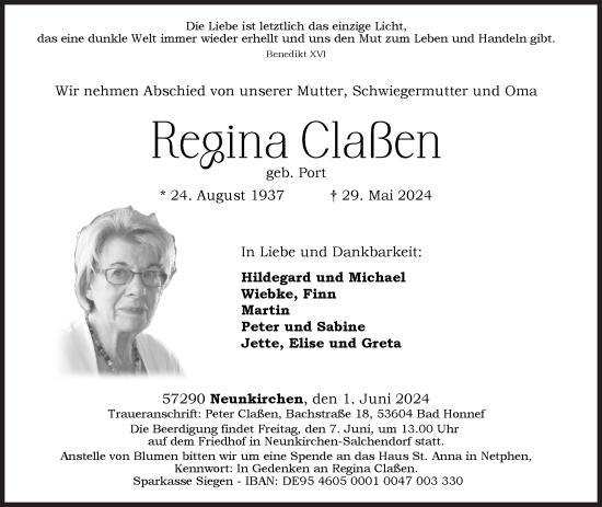 Traueranzeige von Reina Claßen von Siegener Zeitung