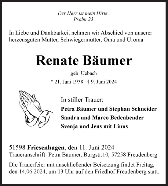 Traueranzeige von Renate Bäumer von Siegener Zeitung