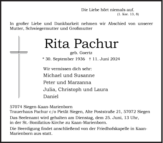 Traueranzeige von Rita Pachur von Siegener Zeitung