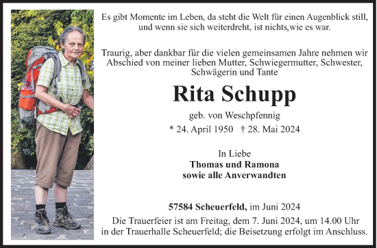 Traueranzeige von Rita Schupp von Siegener Zeitung