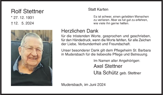 Traueranzeige von Rolf Stettner von Siegener Zeitung