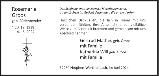 Traueranzeige von Rosemarie Groos von Siegener Zeitung