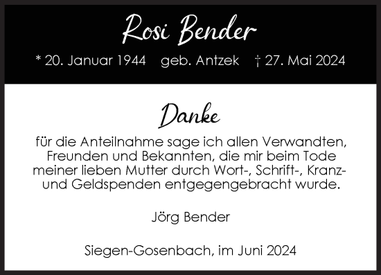 Traueranzeige von Rosi Bender von Siegener Zeitung