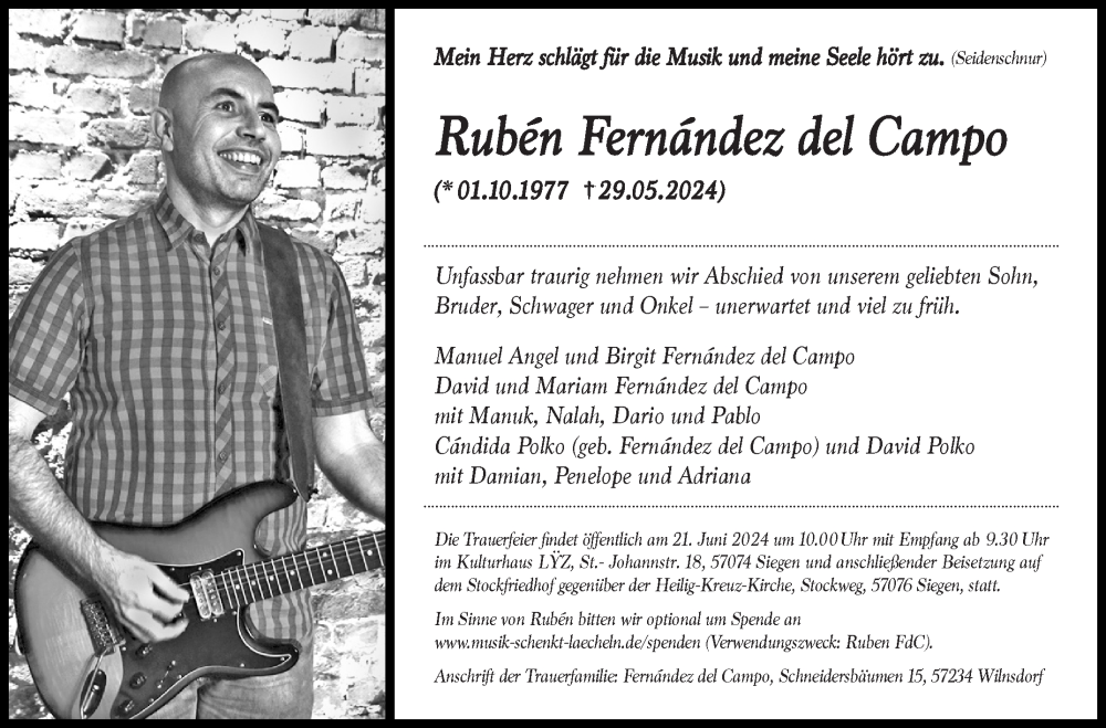  Traueranzeige für Ruben Fernandez del Campo vom 08.06.2024 aus Siegener Zeitung
