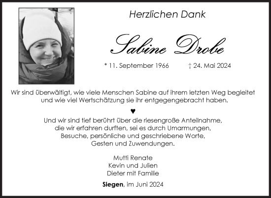 Traueranzeige von Sabine Drobe von Siegener Zeitung