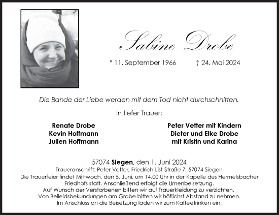 Traueranzeige von Sabine Drobe von Siegener Zeitung