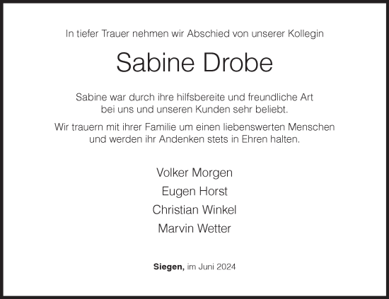 Traueranzeige von Sabine Drobe von Siegener Zeitung