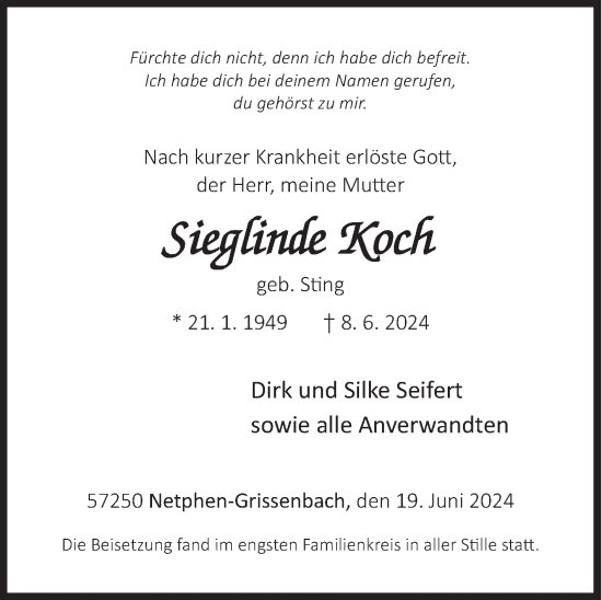 Traueranzeige von Sieglinde Koch von Siegener Zeitung