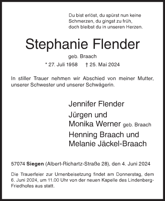 Traueranzeige von Stephanie Flender von Siegener Zeitung