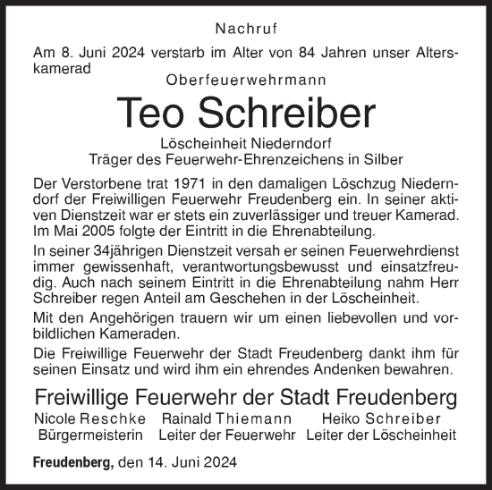 Traueranzeige von Teo Schreiber von Siegener Zeitung