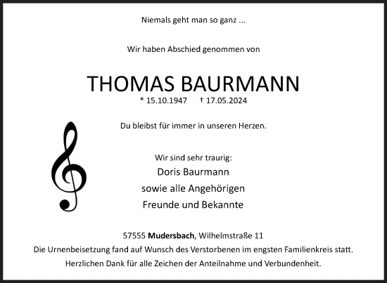 Traueranzeige von Thomas Baurmann von Siegener Zeitung