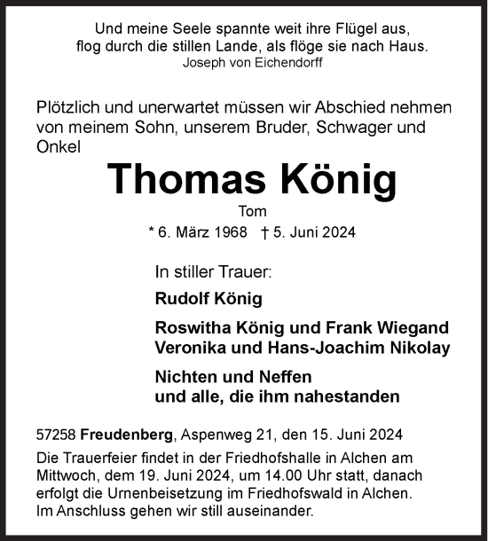 Traueranzeige von Thomas König von Siegener Zeitung
