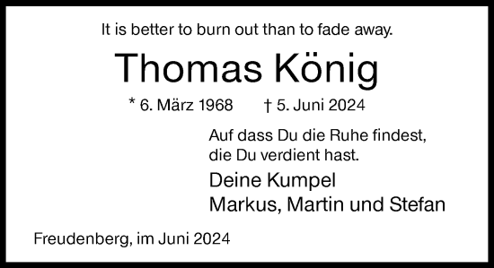 Traueranzeige von Thomas König von Siegener Zeitung