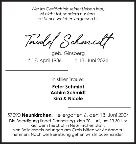 Traueranzeige von Trudel Schmidt von Siegener Zeitung