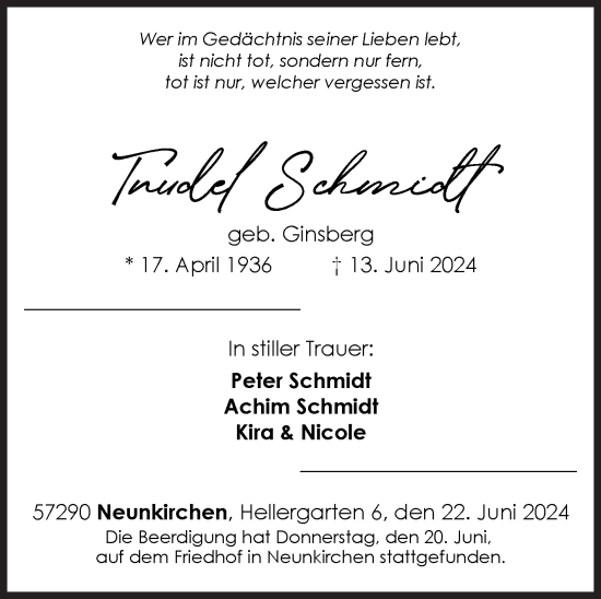 Traueranzeige von Trudel Schmidt von Siegener Zeitung