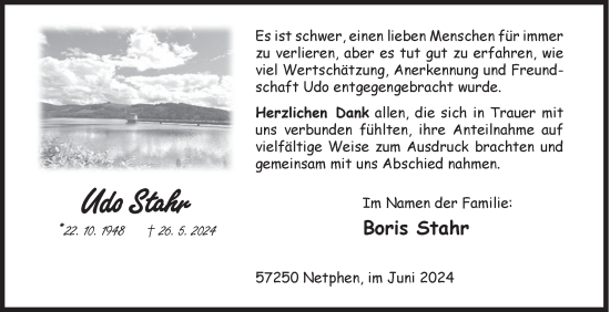 Traueranzeige von Udo Stahr von Siegener Zeitung