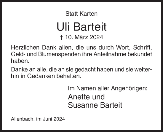 Traueranzeige von Uli Barteit von Siegener Zeitung