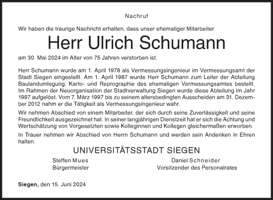 Traueranzeige von Ulrich Schumann von Siegener Zeitung