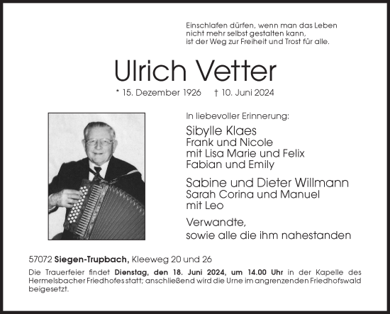 Traueranzeige von Ulrich Vetter von Siegener Zeitung
