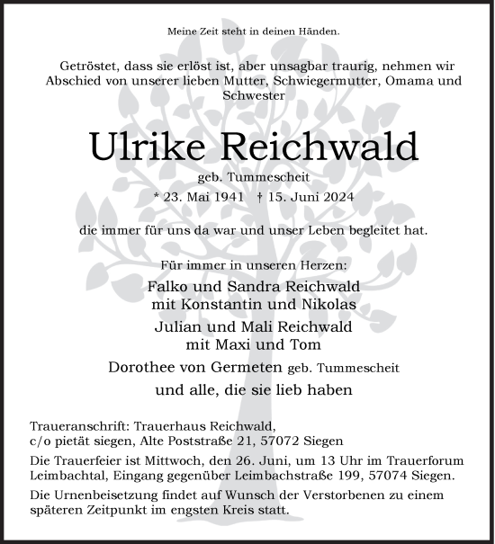 Traueranzeige von Ulrike Reichwaldgeb. von Siegener Zeitung