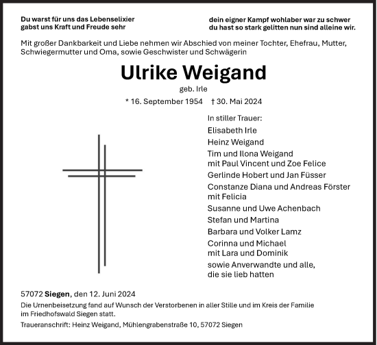 Traueranzeige von Ulrike Weigand von Siegener Zeitung