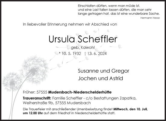Traueranzeige von Ursula Scheffler von Siegener Zeitung
