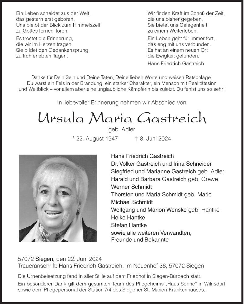  Traueranzeige für Ursula Maria Gastreich vom 22.06.2024 aus Siegener Zeitung