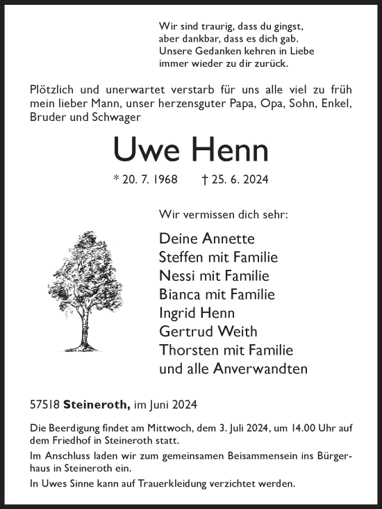 Traueranzeige von Uwe Henn von Siegener Zeitung