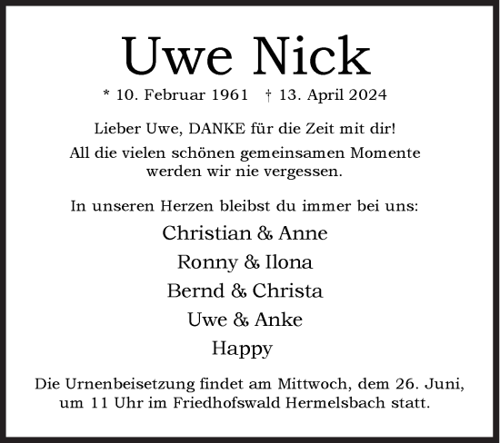 Traueranzeige von Uwe Nick von Siegener Zeitung
