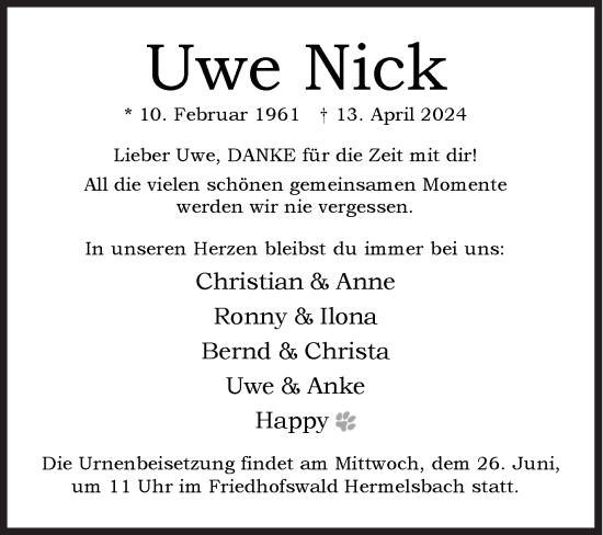 Traueranzeige von Uwe Nick von Siegener Zeitung