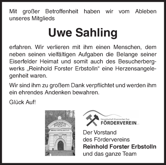 Traueranzeige von Uwe Sahling von Siegener Zeitung
