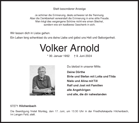 Traueranzeige von Volker Arnold von Siegener Zeitung