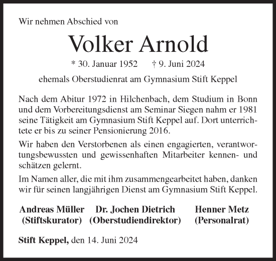 Traueranzeige von Volker Arnold von Siegener Zeitung