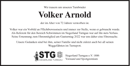 Traueranzeige von Volker Arnold von Siegener Zeitung