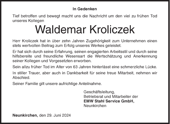 Traueranzeige von Waldemar Kroliczek von Siegener Zeitung