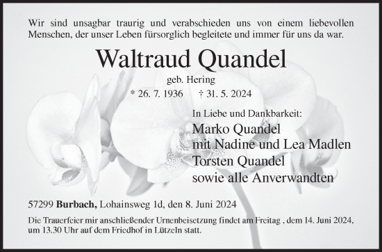 Traueranzeige von Waltraud Quandel von Siegener Zeitung