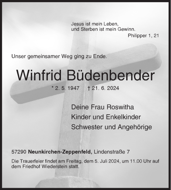 Traueranzeige von Winfrid Büdenbender von Siegener Zeitung