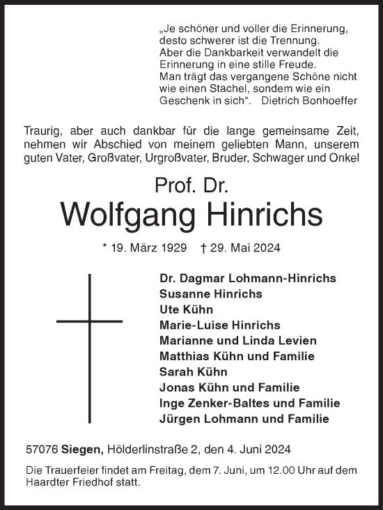 Traueranzeige von Wolfgang Hinrichs von Siegener Zeitung