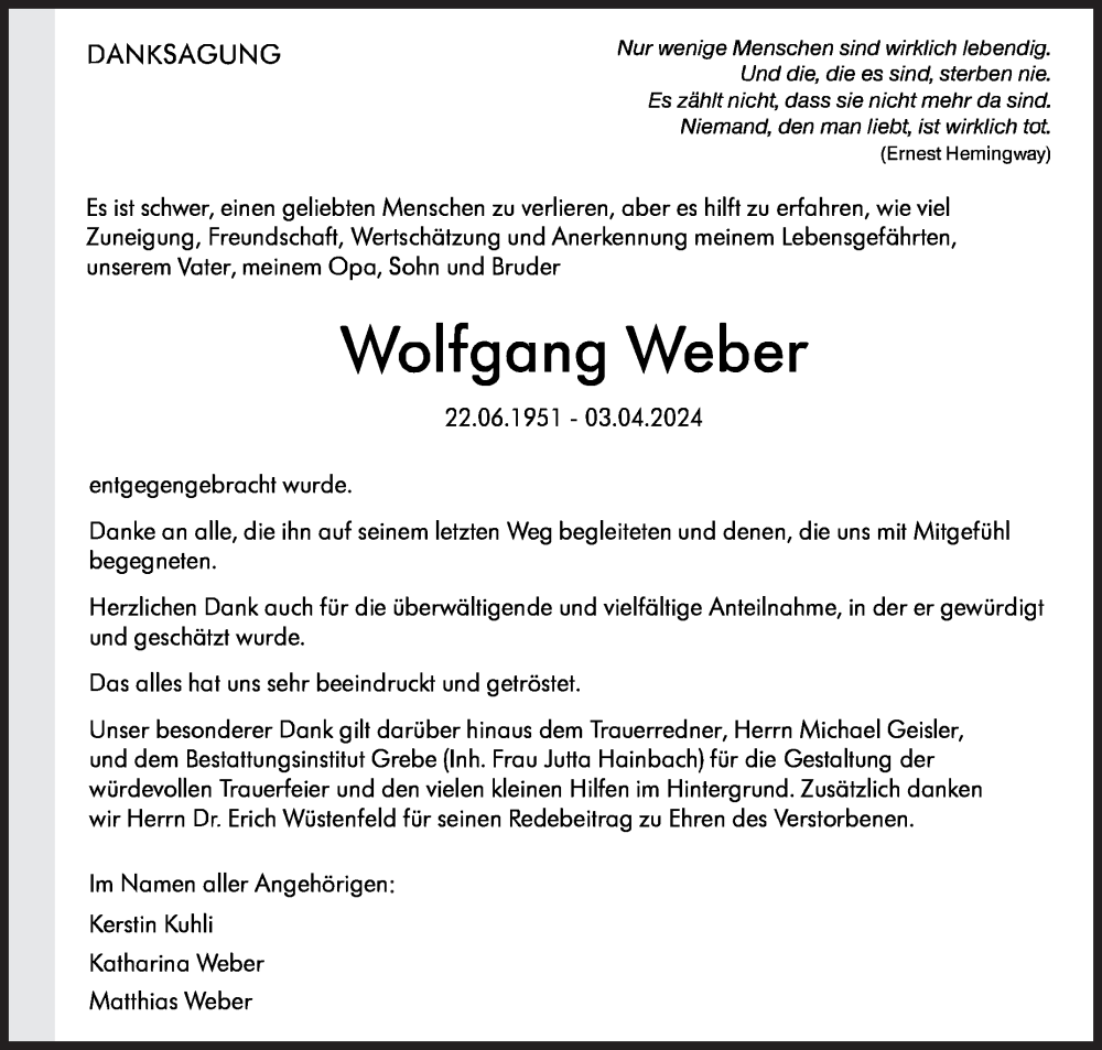 Traueranzeige für Wolfgang Weber vom 01.06.2024 aus Siegener Zeitung