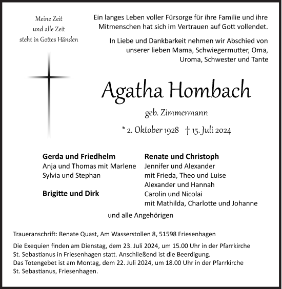 Traueranzeige von Agatha Hombach von Siegener Zeitung