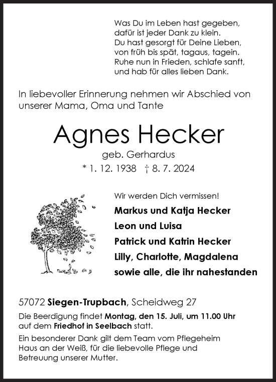 Traueranzeige von Agnes Hecker von Siegener Zeitung