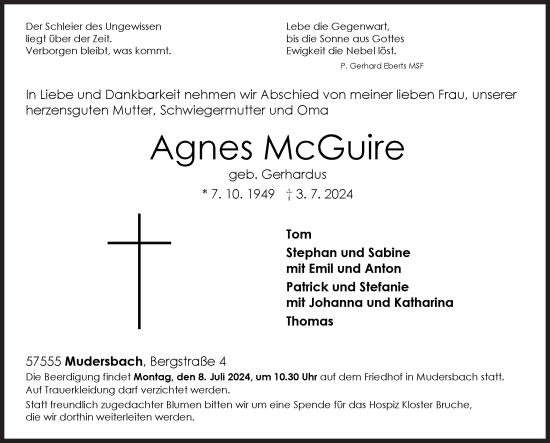 Traueranzeige von Agnes McGuire von Siegener Zeitung