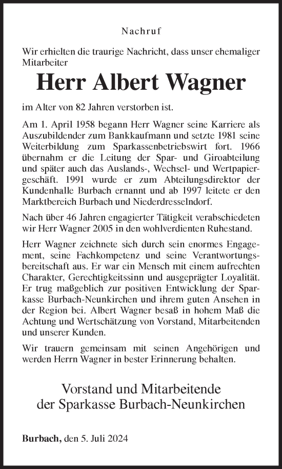 Traueranzeige von Albert Wagner von Siegener Zeitung