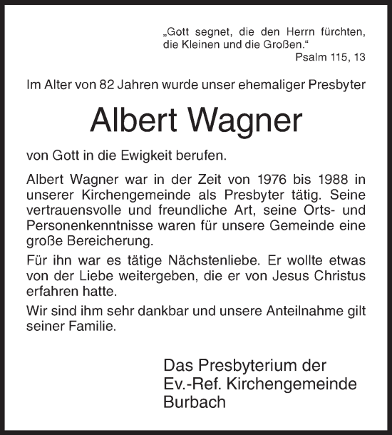 Traueranzeige von Albert Wagner von Siegener Zeitung