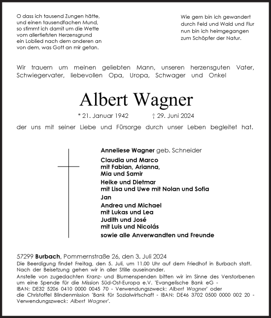 Traueranzeige von Albert Wagner von Siegener Zeitung