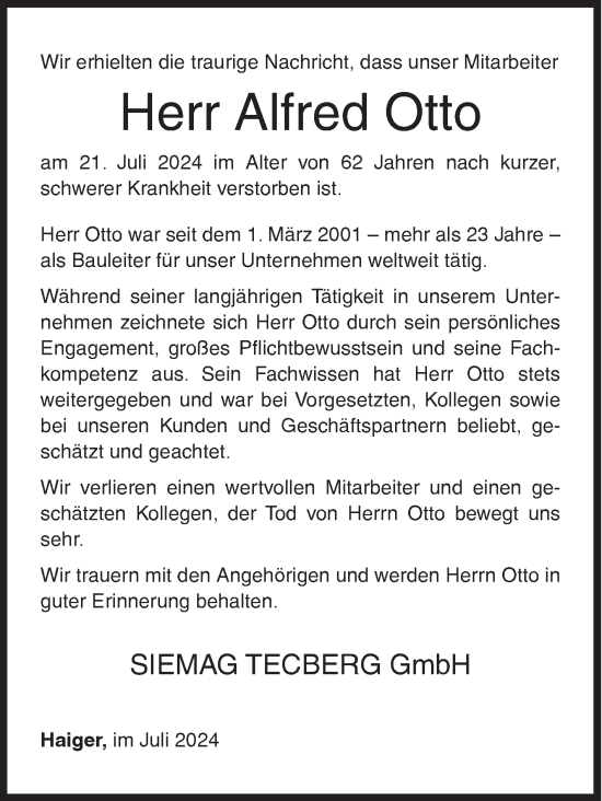 Traueranzeige von Alfred Otto von Siegener Zeitung