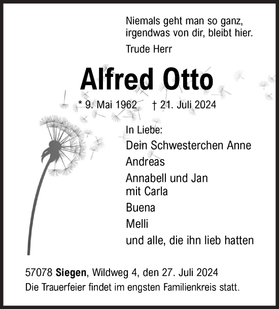 Traueranzeige von Alfred Otto von Siegener Zeitung