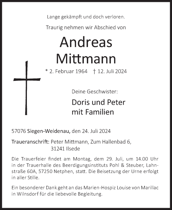 Traueranzeige von Andreas Mittmann von Siegener Zeitung