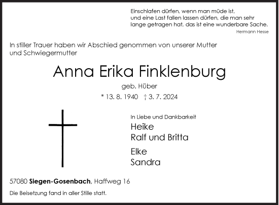 Traueranzeige von Anna  Finklenburg von Siegener Zeitung